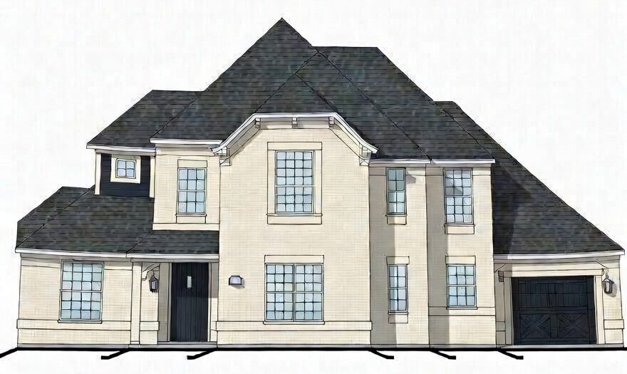 Front elevation rendering of the Harrison plan: two-story home with cream masonry and a dark roof
